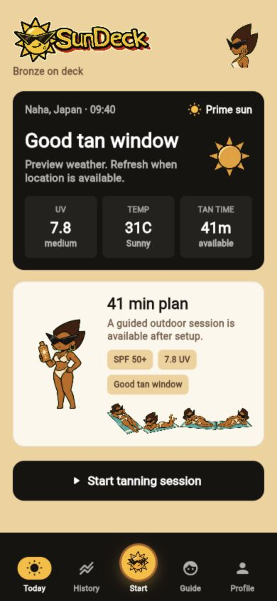SunDeck weather-aware tanning dashboard