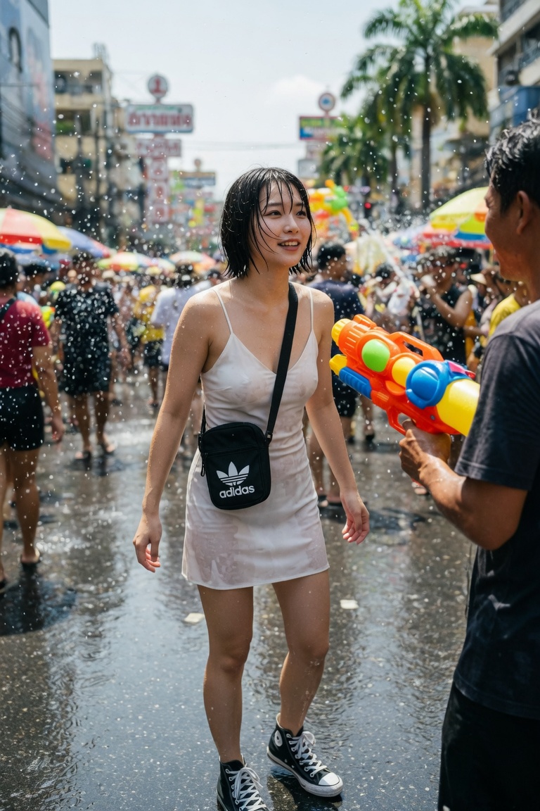 Mika walking through Songkran water in Bangkok