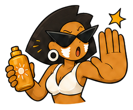 SunDeck character holding sunscreen and signaling to wait